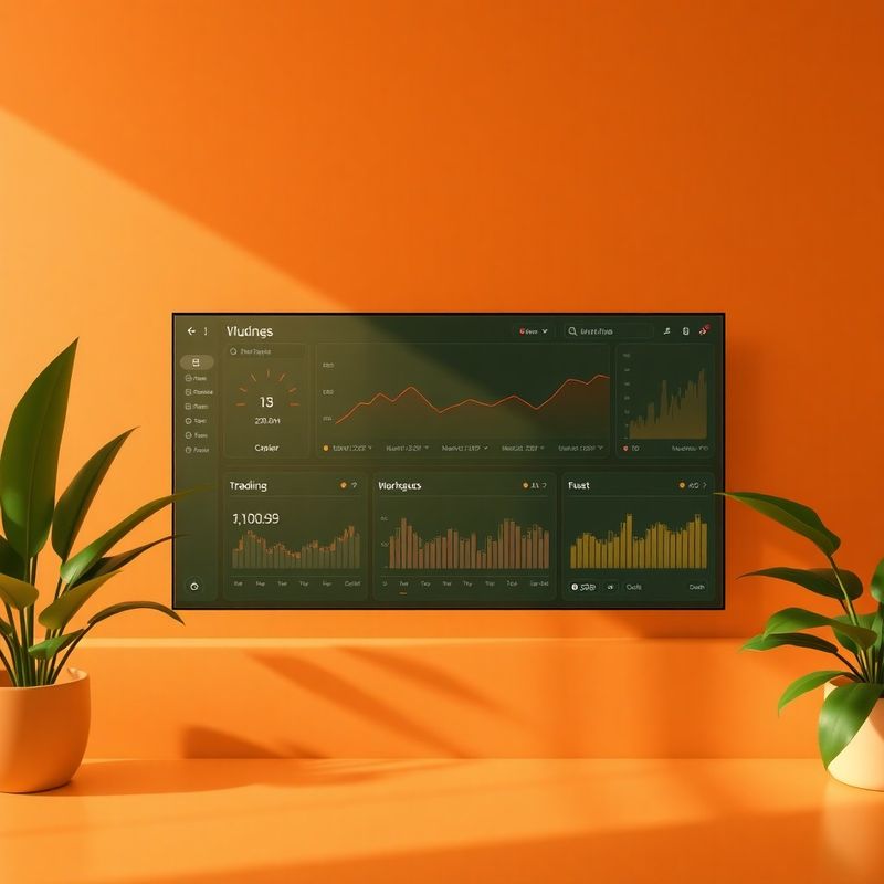 Panel de control de trading con paleta terracota y crema iluminado por luz tropical en San José