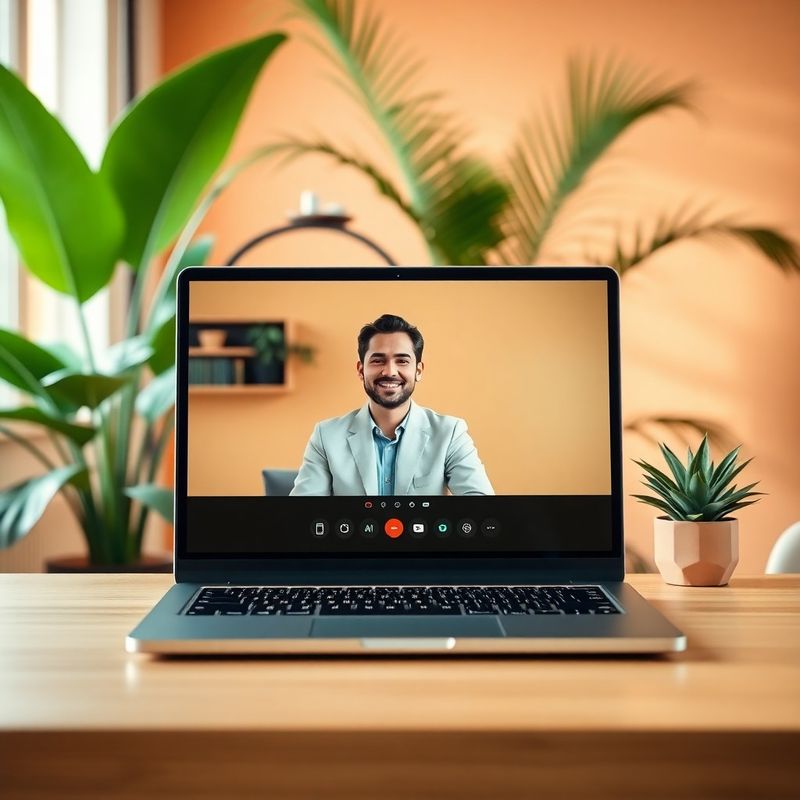 Sesión de onboarding por videollamada en un escritorio con paleta terracota y crema